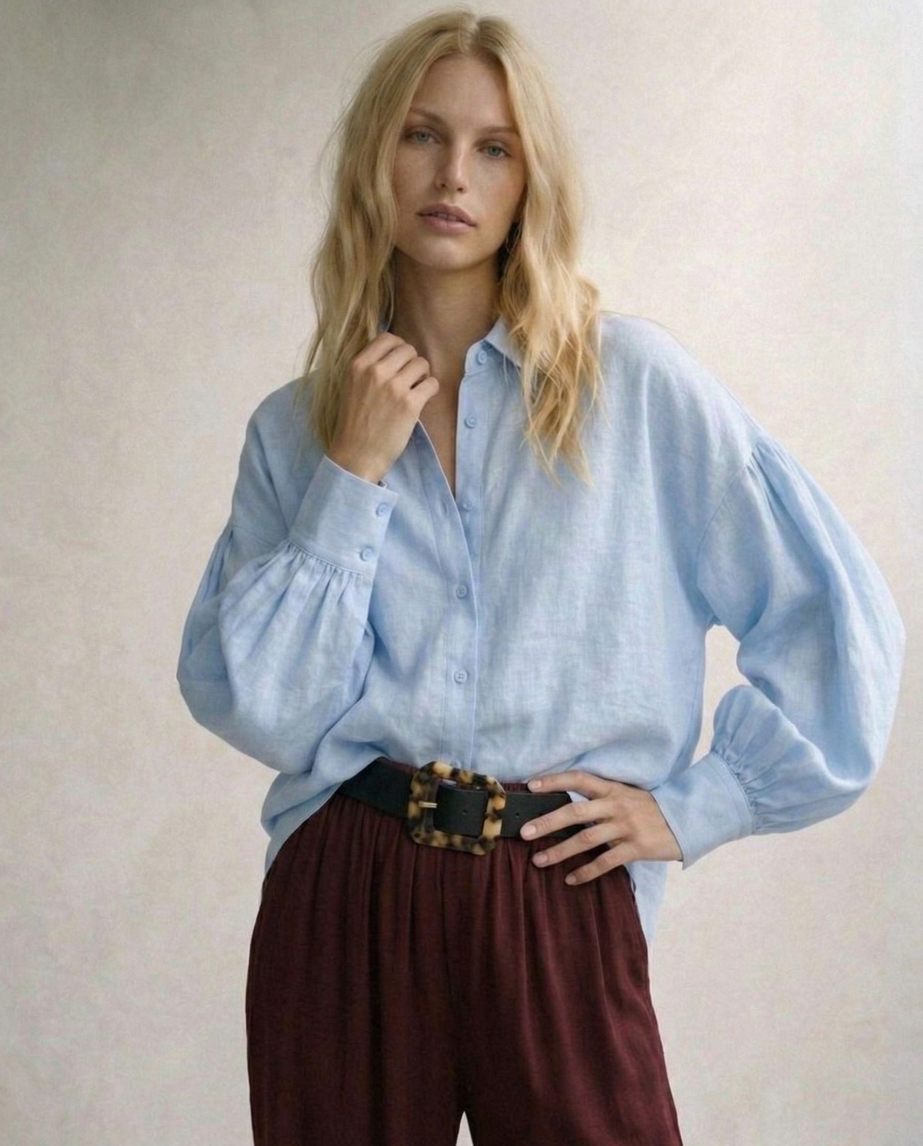 Camisa Lino Volumen Azul (Pre-venta)