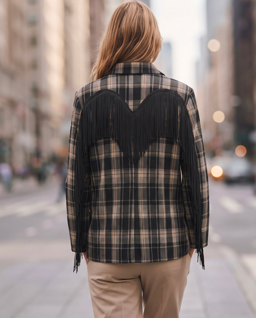 Blazer cuadros tartán y flecos