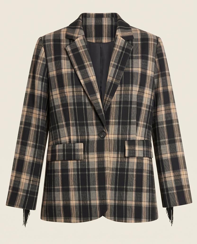 Blazer cuadros tartán y flecos